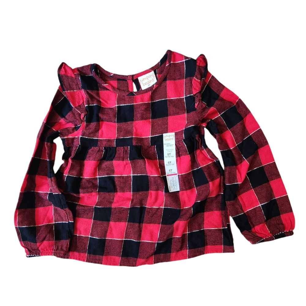 Jumping Beans Girl's Long Sleeve Flannel Top Size 5T Red Black Buffalo Plaid NWT